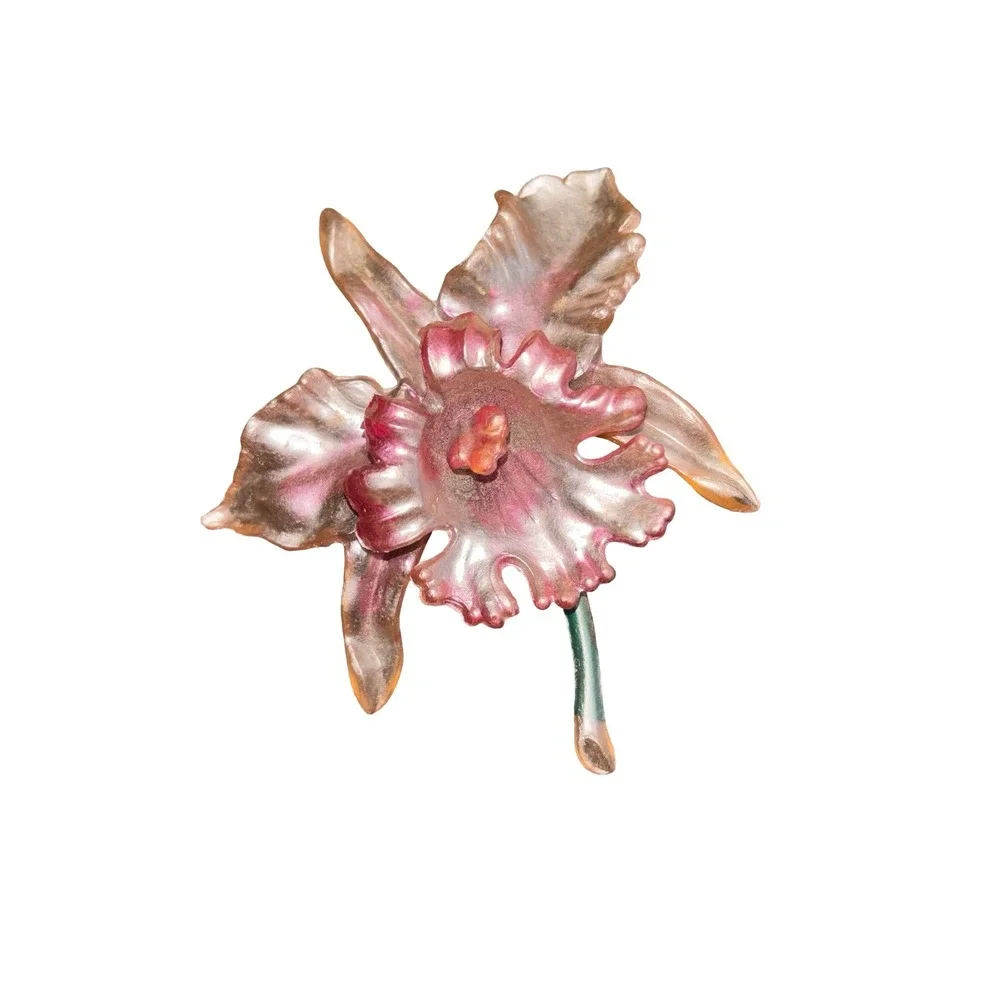 Vintage Pink Resin Orchid Flower Brooch Pearlescent Botanical Pin Accessory